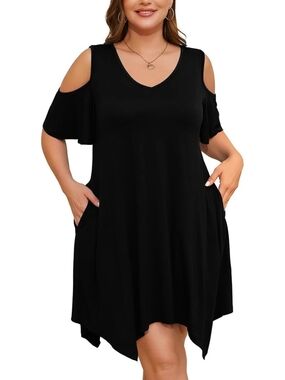 LARA Black Cold-Shoulder Swing Mini Dress with Pockets